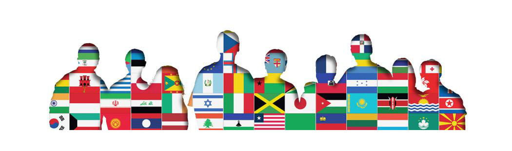 world flags graphics overlayed on silhouettes of people