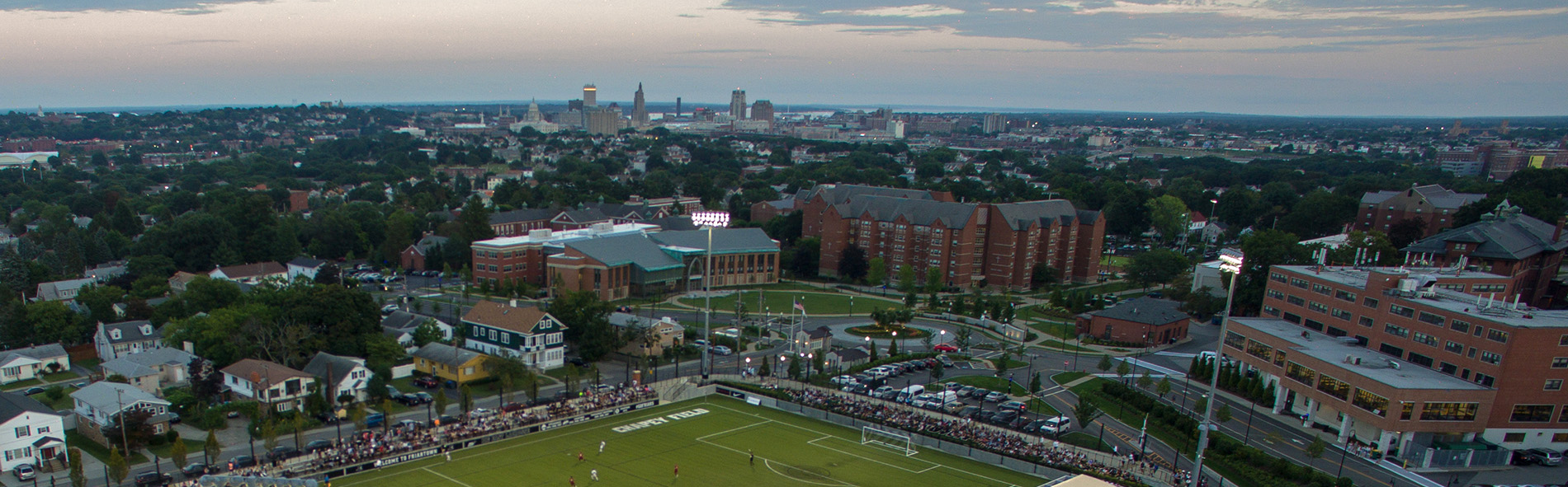 Aerial View of Huxley Ave, Ryan Center for Business Students, Raymond Hall over Anderson Stadium